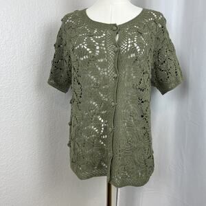 VTG White Stag Top Womens Large Green Crochet Button Up Fairy‎ Boho Cottagecore